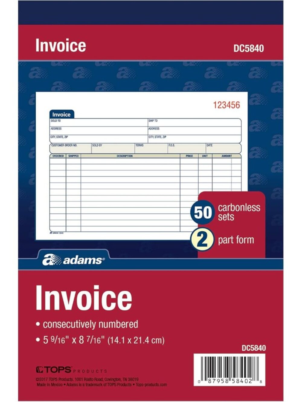 Invoice Book, 2-Part, Carbonless, 5-9/16 x 8-7/16 Inches, 50 Sets per Book